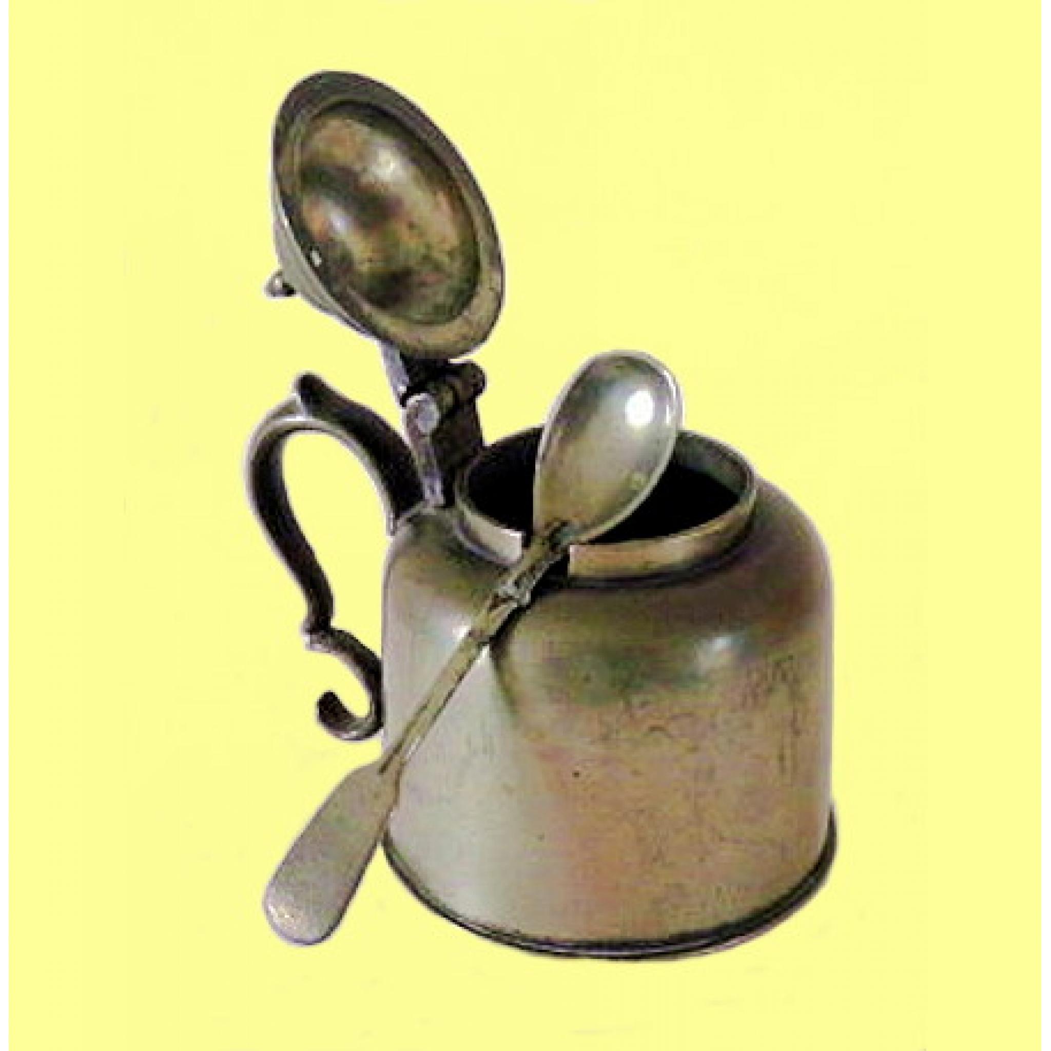 English pewter mustard pot with spoon c185070 pewtersellers
