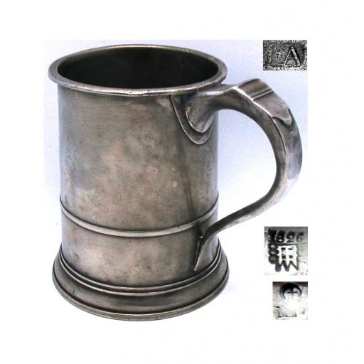 Quart English pewter mug by I*A or a successor c1764-92
